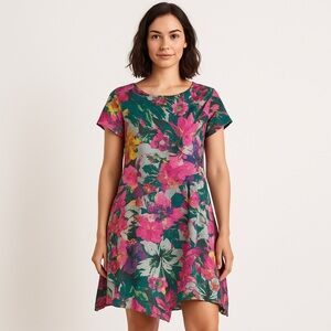 Bella Blue 100% Linen Floral Asymmetrical Hem Dress Vibrant Multicolor Medium